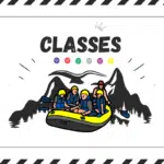 Imagem com a palavra 'Classes' no topo, seguida por ícones coloridos. Abaixo, uma ilustração de pessoas praticando rafting em um bote amarelo com montanhas ao fundo.