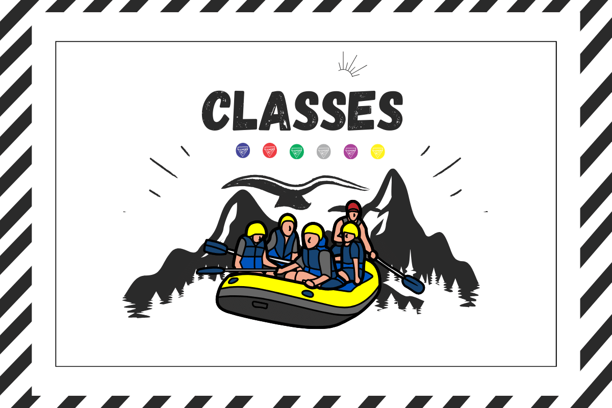 Imagem com a palavra 'Classes' no topo, seguida por ícones coloridos. Abaixo, uma ilustração de pessoas praticando rafting em um bote amarelo com montanhas ao fundo.