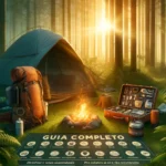 Imagem realista de um acampamento na floresta ao amanhecer. Mostra uma barraca com mochila, fogueira e utensílios de acampamento. O texto 'Guia Completo' e ícones de itens essenciais estão na parte inferior.