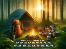 Imagem realista de um acampamento na floresta ao amanhecer. Mostra uma barraca com mochila, fogueira e utensílios de acampamento. O texto 'Guia Completo' e ícones de itens essenciais estão na parte inferior.