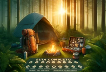 Imagem realista de um acampamento na floresta ao amanhecer. Mostra uma barraca com mochila, fogueira e utensílios de acampamento. O texto 'Guia Completo' e ícones de itens essenciais estão na parte inferior.