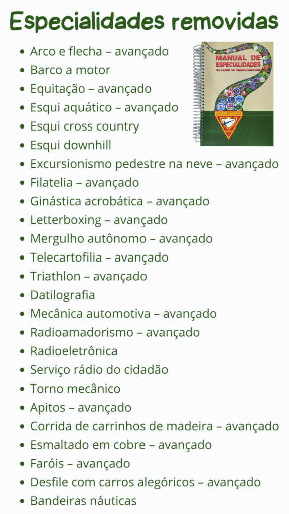 lista de especialidades que foram removidas do novo manual 