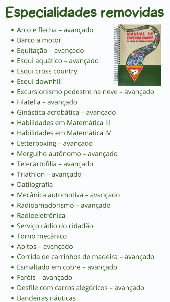 lista de especialidades que foram removidas do novo manual